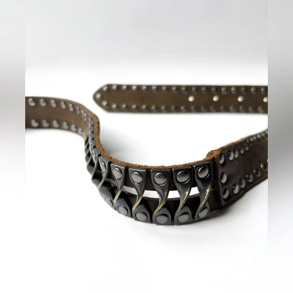 Vintage Brown Leather Heavy Metal Hardware Studded Grunge Biker Streetwear Belt - Picture 8 of 13